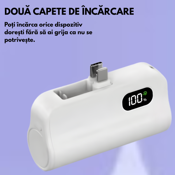 Baterie Externă Mini 5000mAh cu Mufă Directă pentru Telefon, Display Digital, Încărcare Rapidă